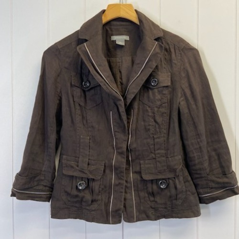 Ann Taylor Quiet Luxury Linen Utility Blazer Jacket Women Size 6 Brown Old Money